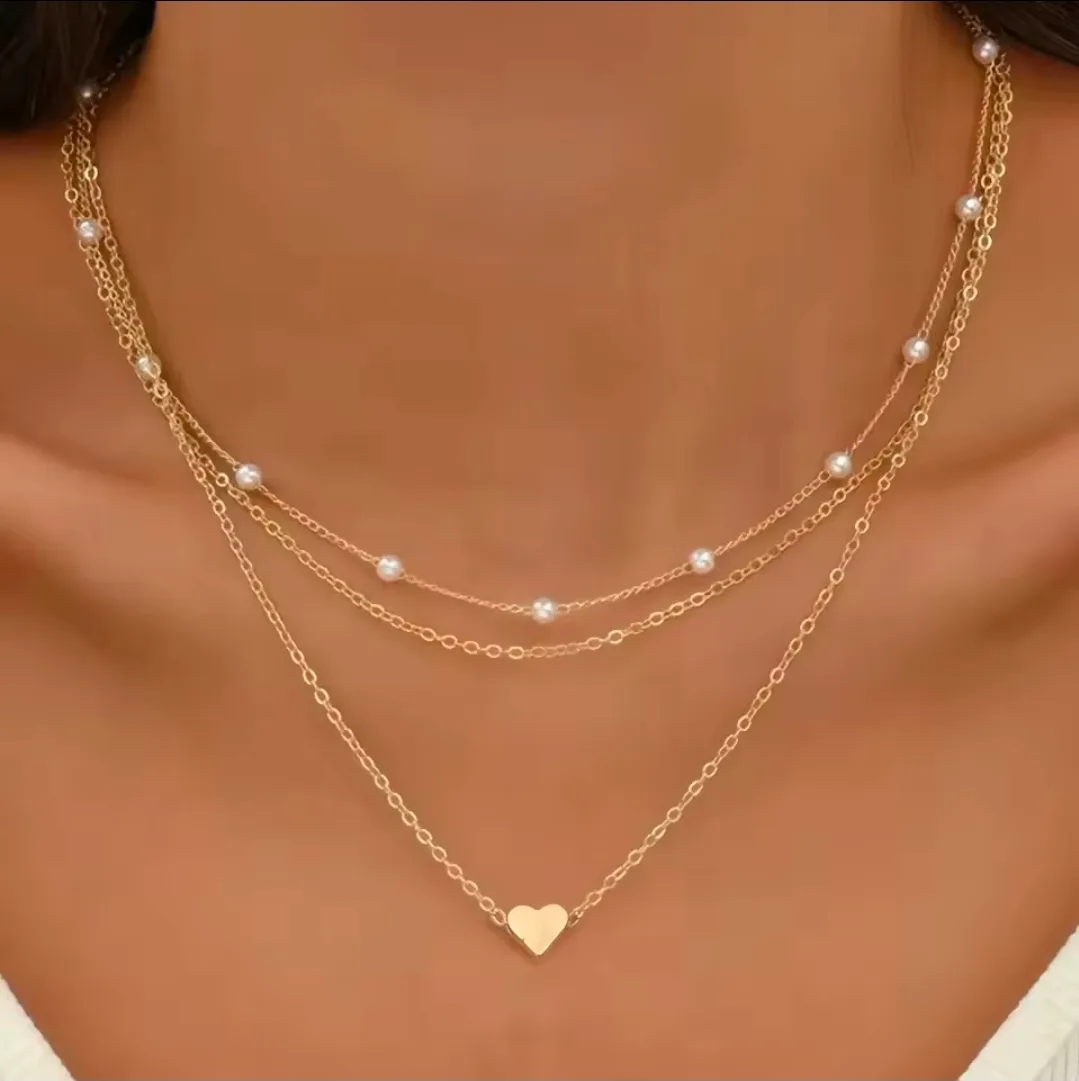 ✨ 3-Layer Gold Tone Necklace with Delicate Pearls & Heart Pendant ✨