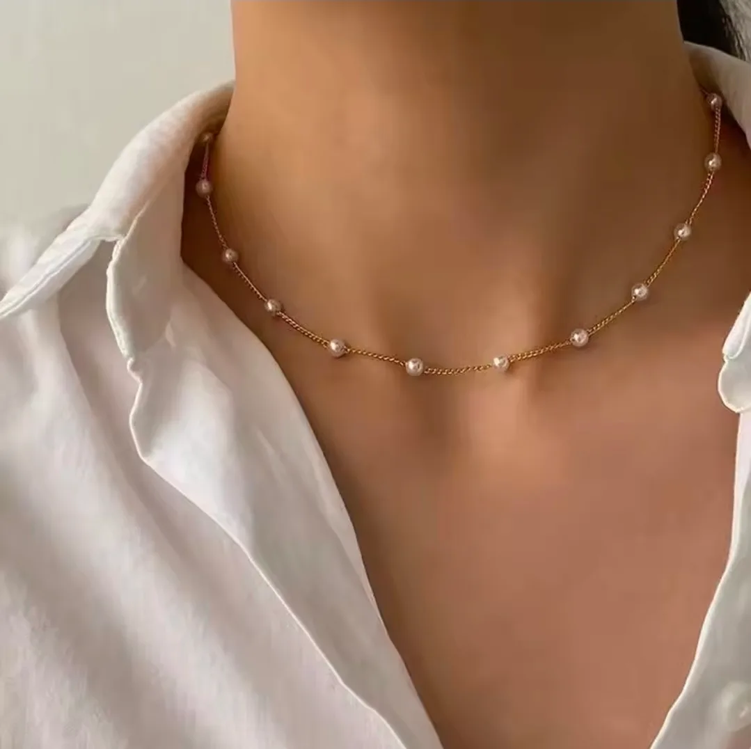 ✨ Minimalist Gold-Plated Pearl Station Choker Necklace ✨